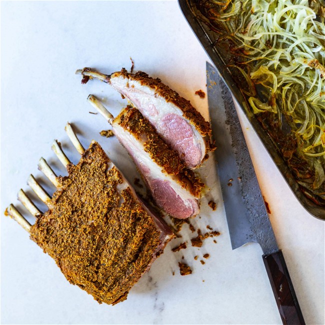 Image of Fennel & Coriander Crusted Rack of Lamb with Caramelized Onions