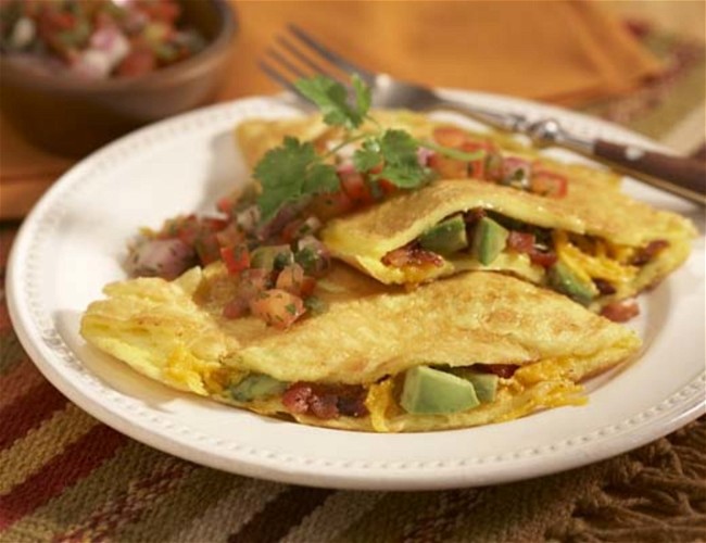 Image of Bacon Avocado and Cheese Omelets with Tomato Salsa