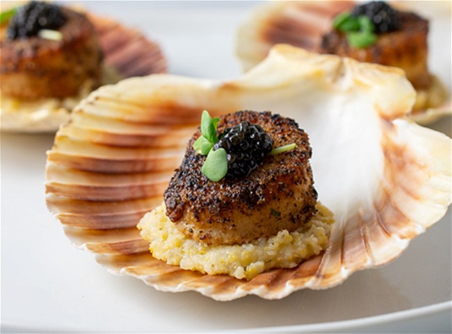 Image of Pan Seared Scallops with Creamy Italian Polenta and Caviar