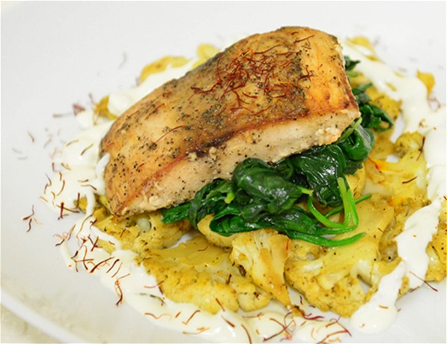 Image of Black Cod with Saffron Roasted Cauliflower, Spinach and Ginger Crème Fraîche