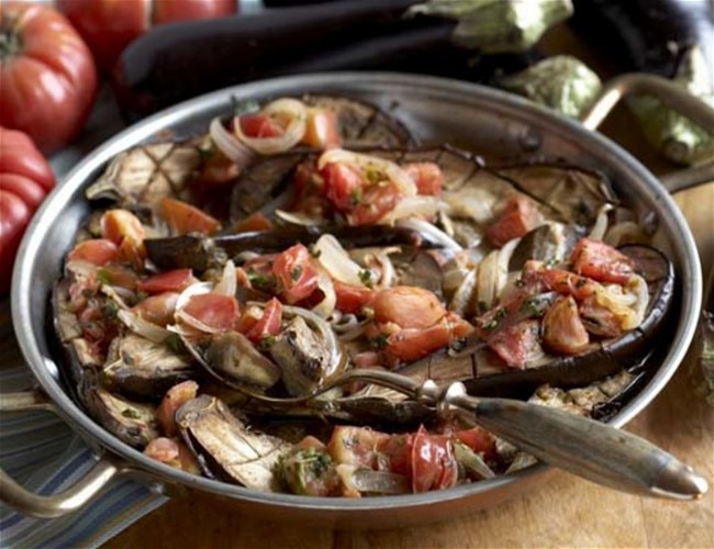 Image of Braised Eggplant with Brandywine Tomatoes