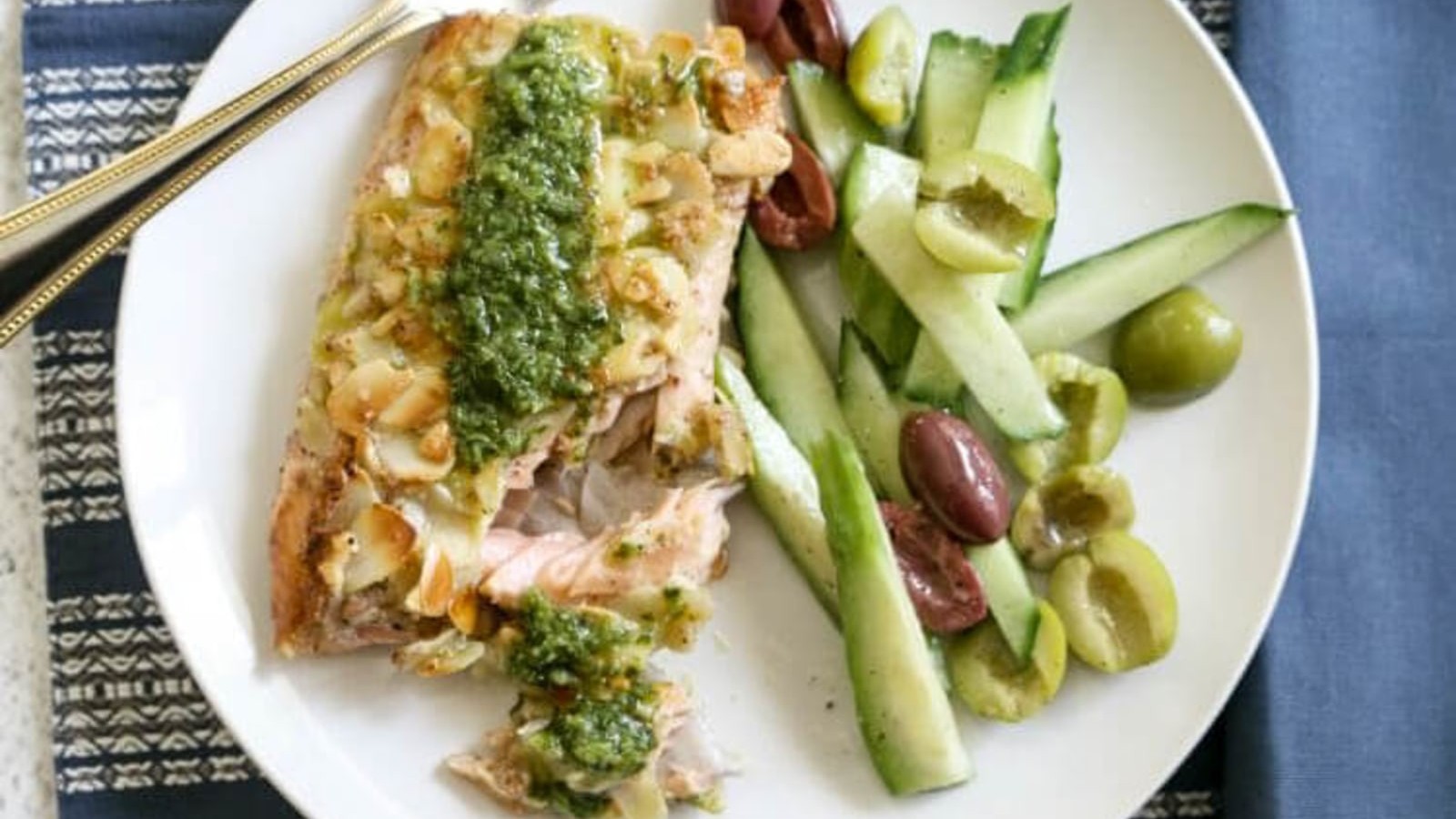 Image of Paleo Almond-Crusted Trout with Chermoula and Cucumber-Olive Salad
