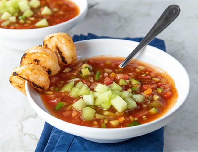 Image of Lemon Drop Melon Gazpacho with Grilled Shrimp