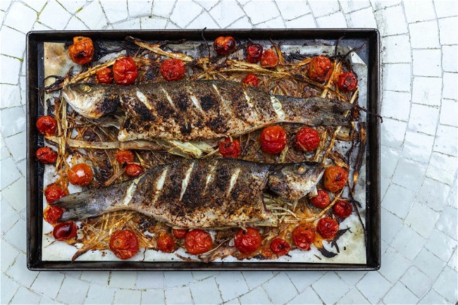 Image of Savory and Aleppo Pepper Roasted Fish with Fennel and Cherry Tomatoes