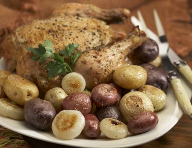Image of Whole Roasted Chicken with Red, White and Blue Potatoes