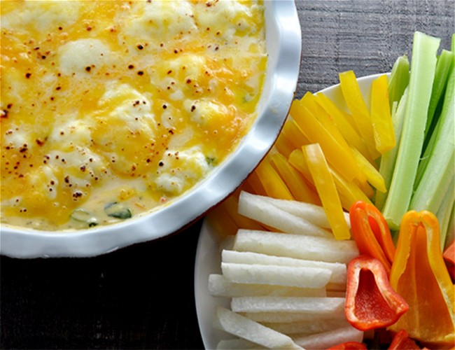 Image of Cheesy Spinach Dip with Veggie Sweet Mini Pepper Scoops & Crudités