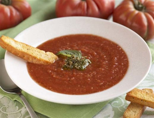 Image of Chilled Brandywine Tomato Soup with Pesto