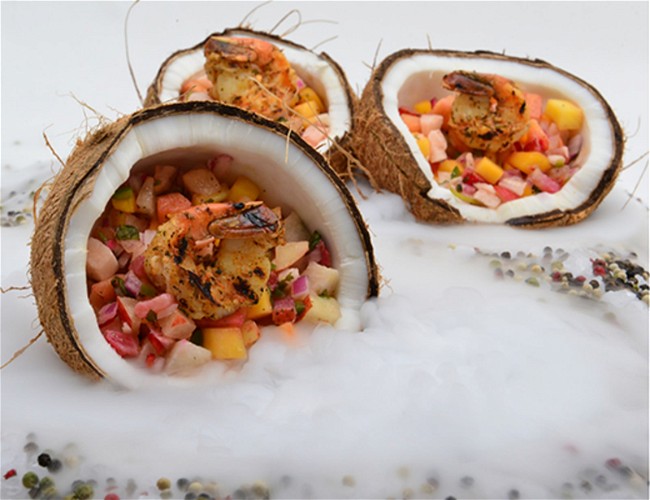 Image of Quick Crack Coconut with Grilled Shrimp and Spicy Tropical Fruit Salsa
