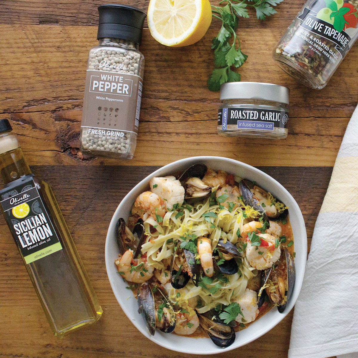 Seafood Medley Pasta with Spinach & Olive Fettuccine