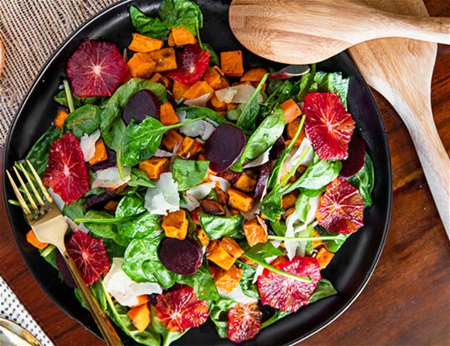 Image of Chocolate Persimmon and Roasted Beet Autumn Salad with Blood Orange Vinaigrette