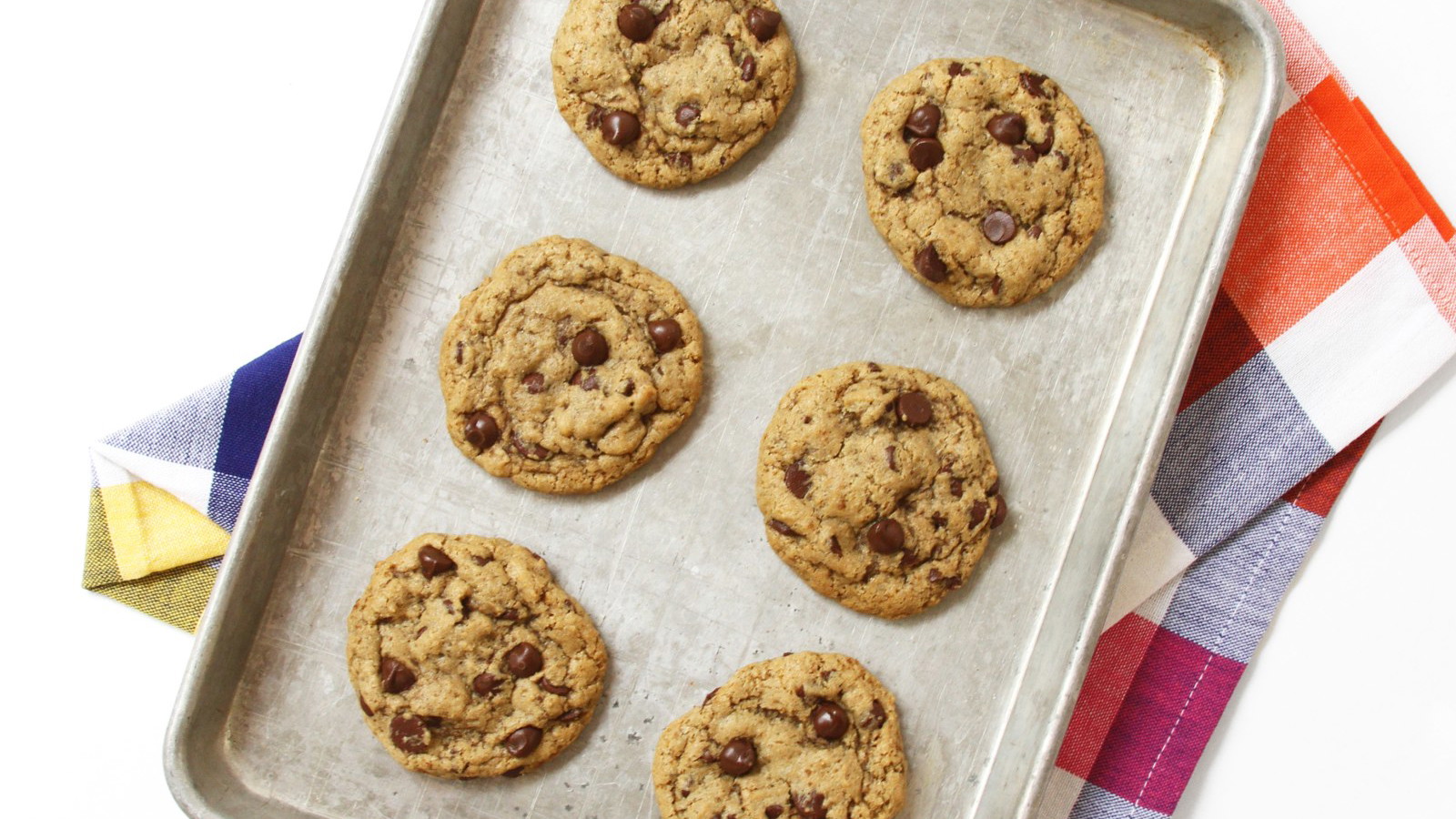 6 of Miss Jones Chocolate Chip Cookies on a baking pan