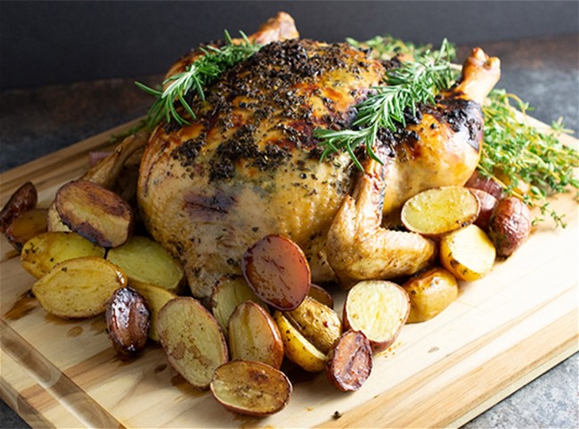 Image of Roasted Honey Glazed Chicken with Lemon Sage Butter and Creamer Potatoes