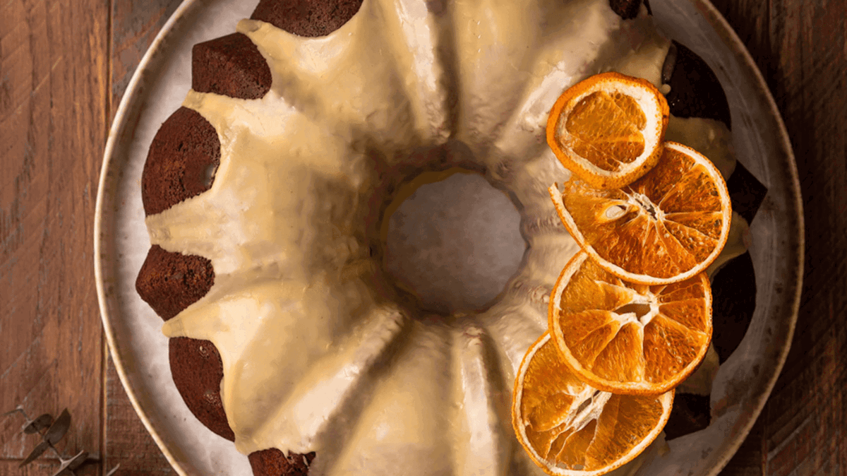 Chocolate Bundt Cake with Saffron Glaze