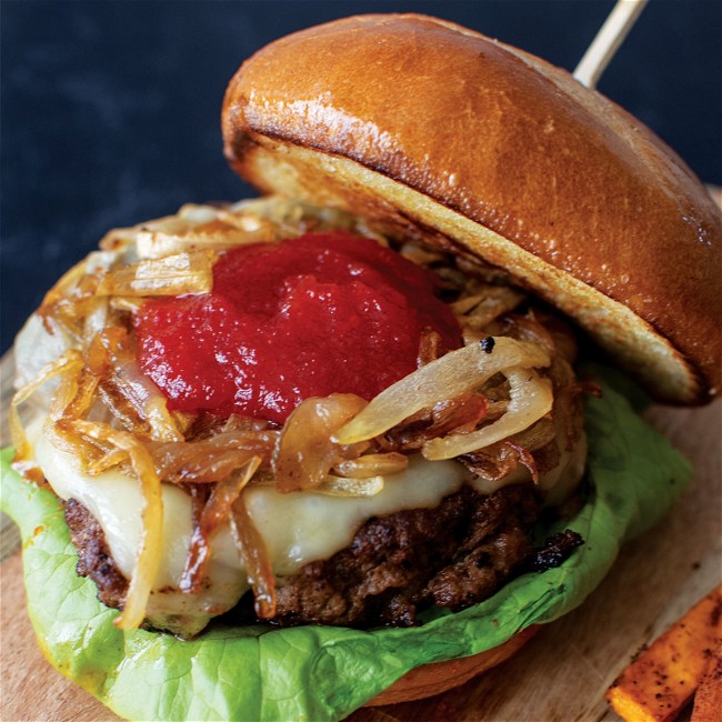 Image of Hatch Chile Burger With Red Pepper Jam & Caramelized Onions