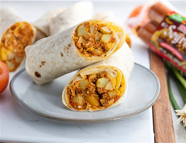 Image of DYP® (Dutch Yellow® Potatoes) and Soyrizo Breakfast Burritos