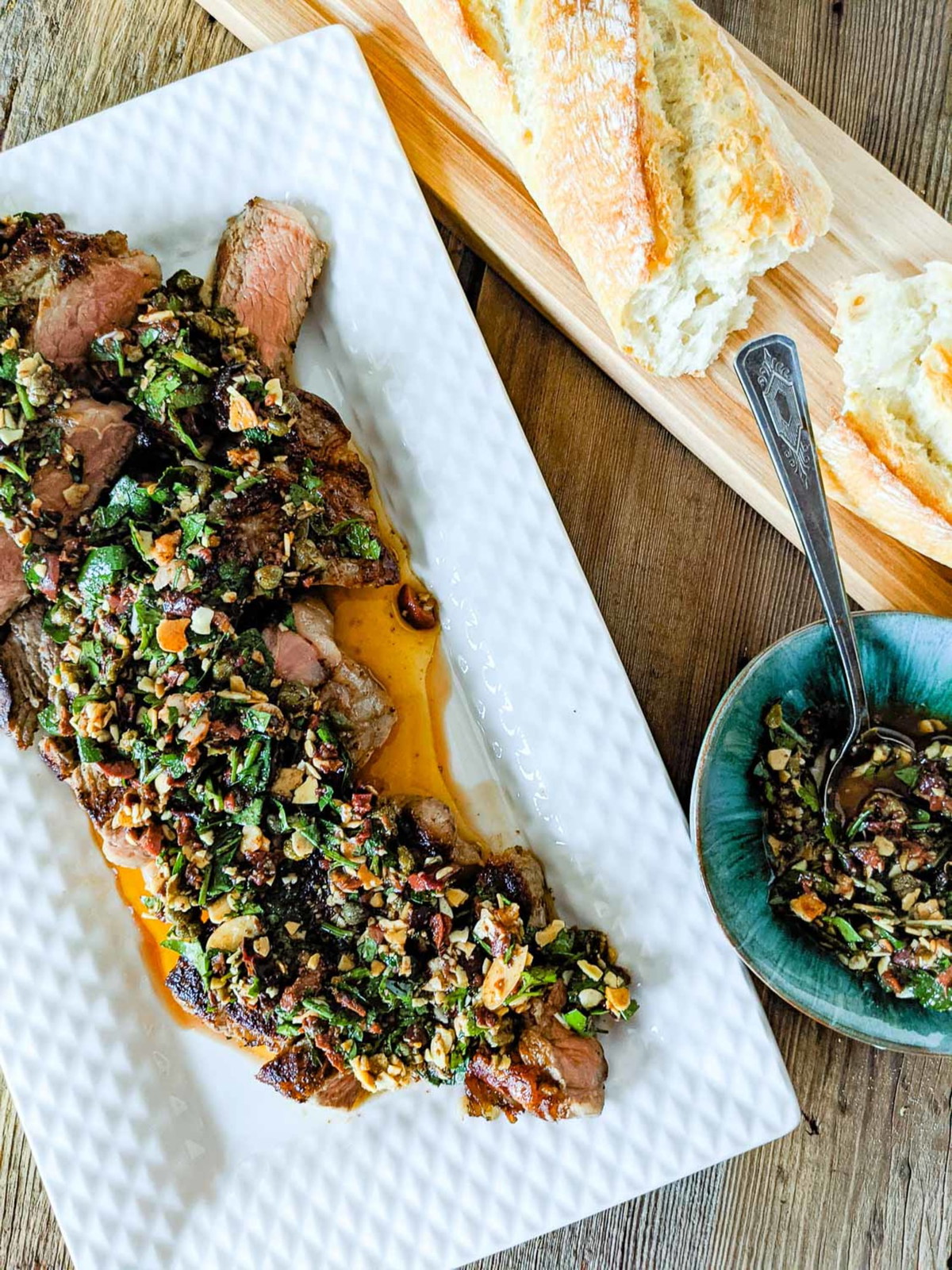 Cast Iron Steak with Almond-Parsley Salsa