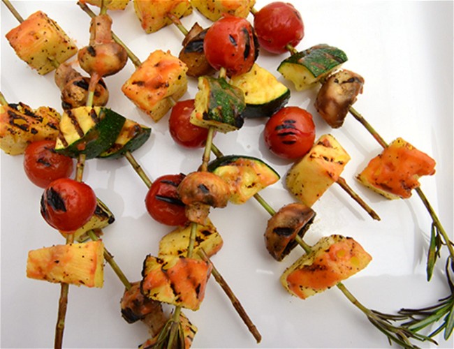 Image of Rosemary Skewered Summer Vegetables with Red Tamarillo Mango BBQ Sauce