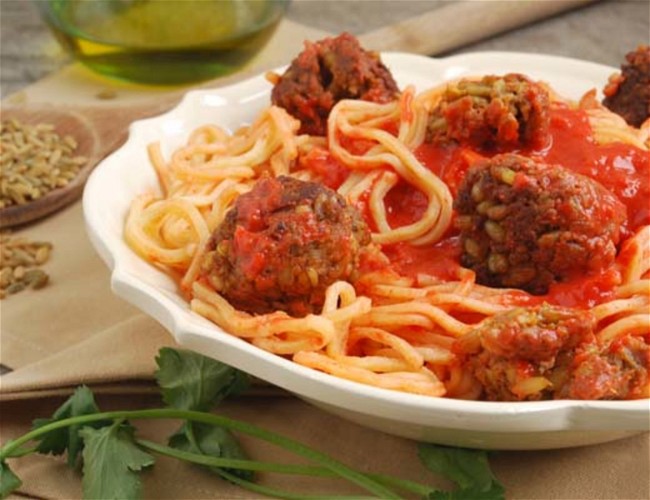 Image of Spaghetti and Freekeh Soy Meatballs