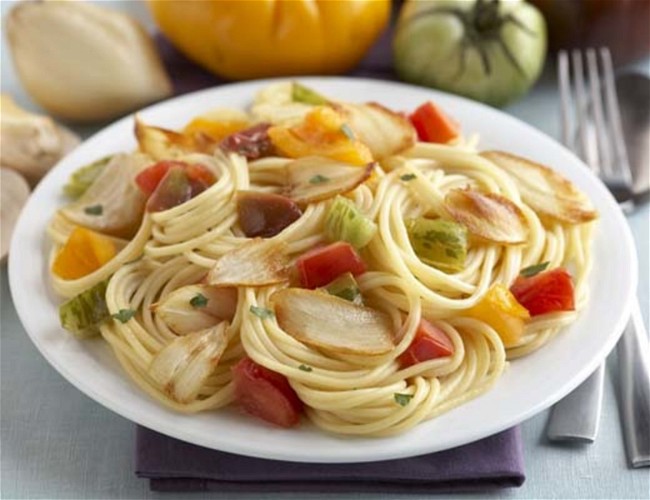 Image of Super Colossal Garlic Buttered Noodles with Heirloom Tomatoes