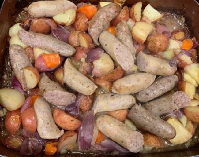 Image of Oven Baked Sausages with Potatoes, Vegetable AND Gravy!