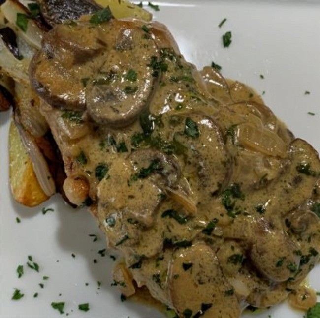 Image of Pork Chops with Mustard Mascarpone Cheese Wine Sauce