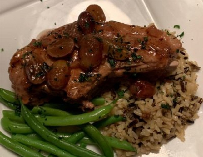 Image of Seared Pork Chops with Red Wine Sauce and Grapes