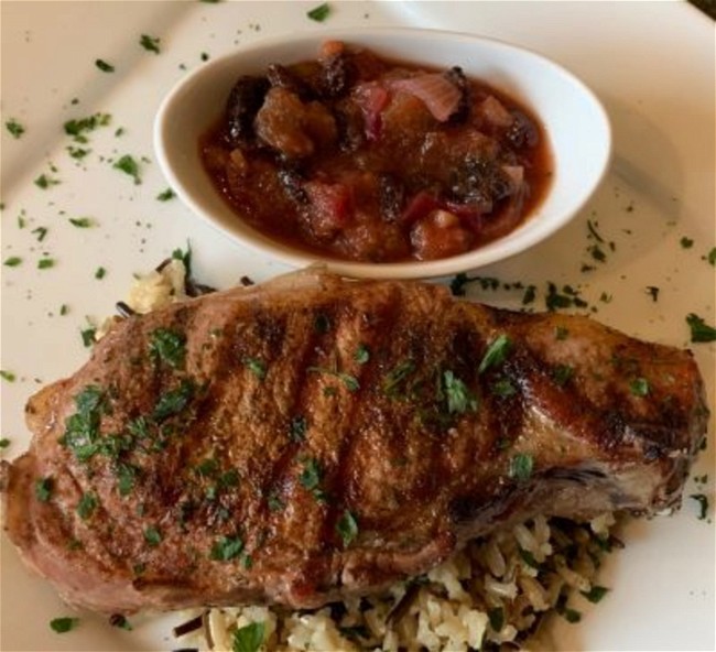 Image of Grilled Pork Chop with Spiced Rhubarb Chutney