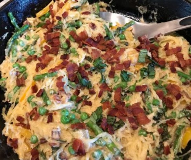 Image of Spaghetti Squash with Asparagus, Peas and Bacon