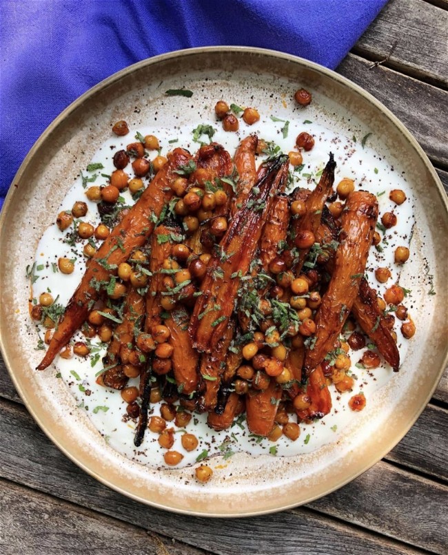 Image of Honey Roasted Carrots with Harissa Chickpeas on Sumac Yoghurt