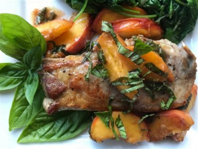 Image of Pork Chops with Fresh Peaches and Basil