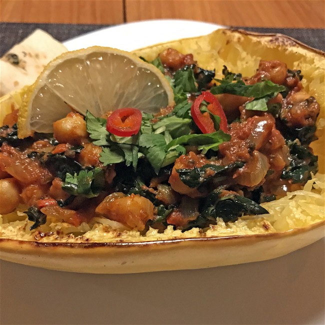 Image of Chickpea Kale Curry Stuffed Spaghetti Squash