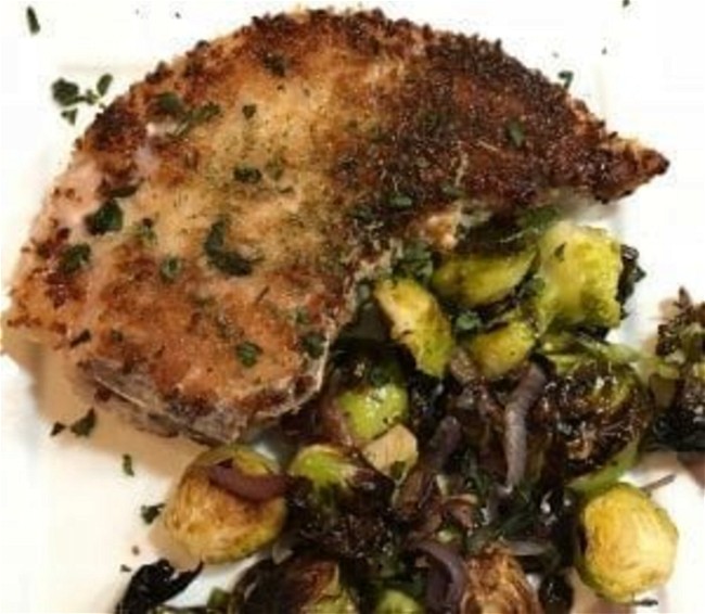 Image of Crispy Pork Chops with Sriracha Brussels Sprouts