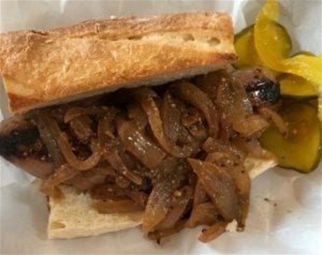 Image of Grilled Bratwurst with Onions Braised in Hard Cider & Mustard