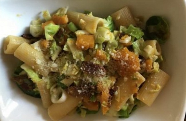 Image of Rigatoni with Butternut Squash, Brussels Sprouts, and  Hickory Smoked Bacon