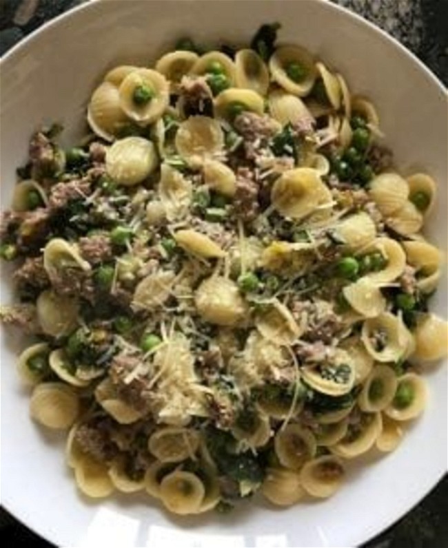 Image of Orecchiette with Leeks, Spinach, Sausage, and Peas