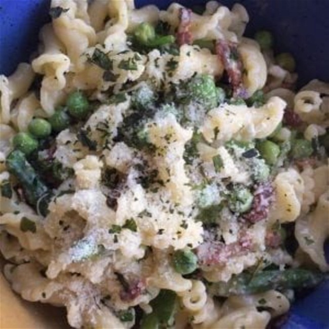Image of Campanelle with Peas, Asparagus & Bacon