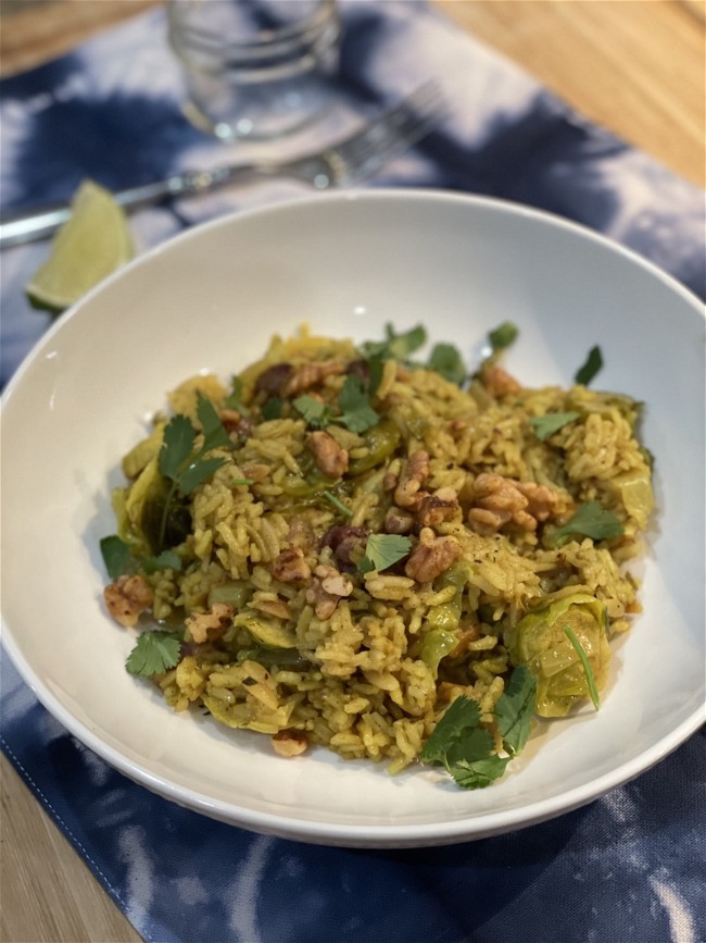 Image of CURRIED BRUSSEL SPROUT AND GRAPE PILAF