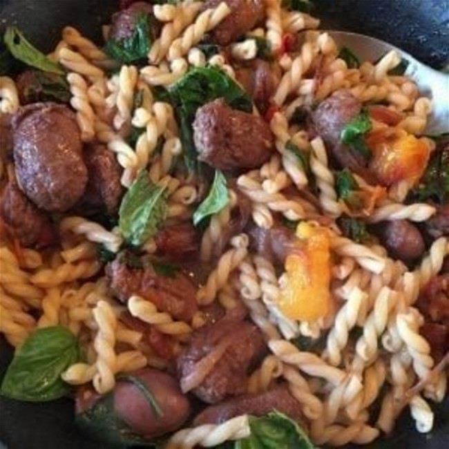 Image of Gemelli With Sweet Italian Sausage, Arugula & Beet Greens