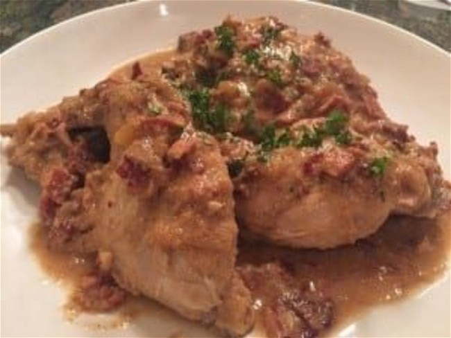 Image of Braised Rabbit with Creme Fraiche, Bacon and Pears