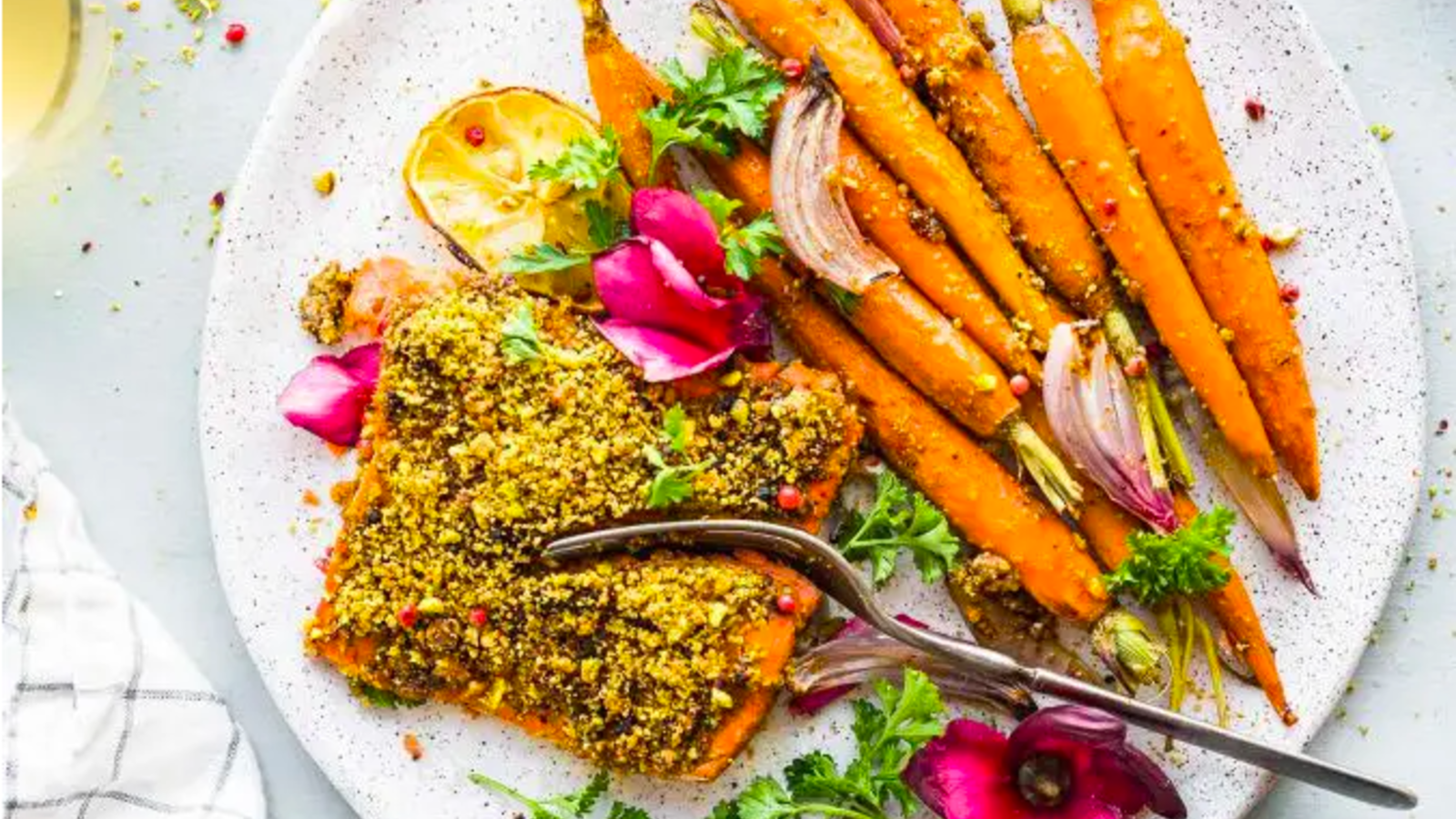 Image of Sheet Pan Pistachio Crusted Salmon with Glazed Carrots