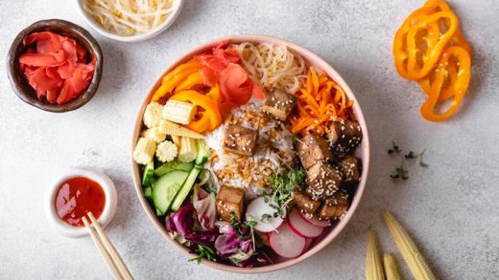 Image of Vegan Bibimbap Bowl: Crispy Tofu, Cremini Mushrooms, and Tangy Gochujang
