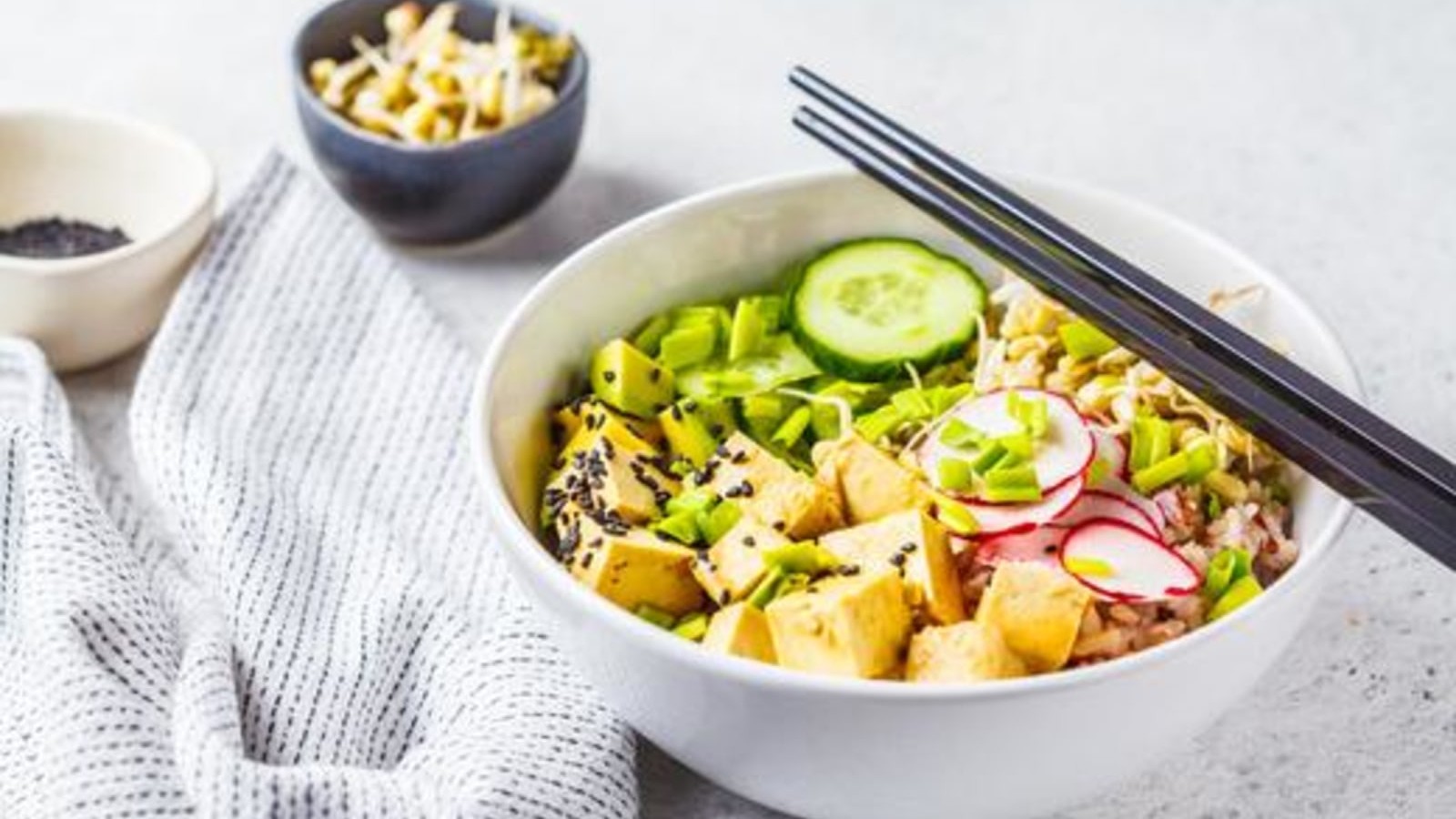 Image of Vegan Poke Bowl: Tofu Rice Bowl and a Tahini Dressing