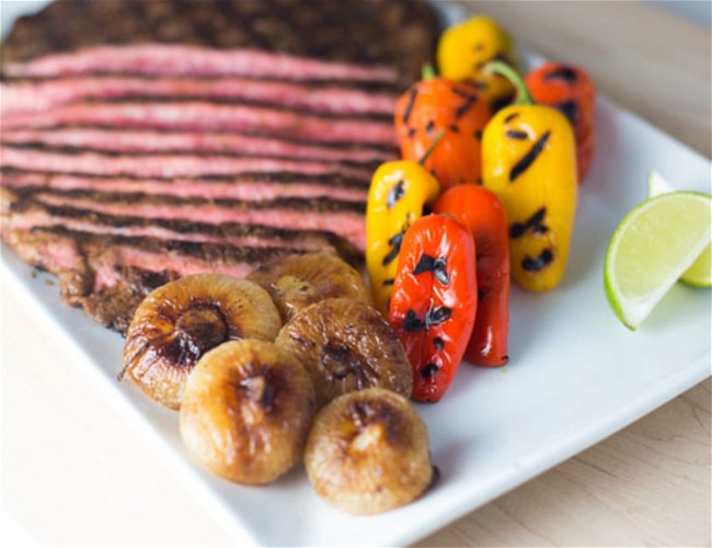Image of Grilled Flank Steak with Caramelized Cipolline Onions and Grilled Veggie Sweets