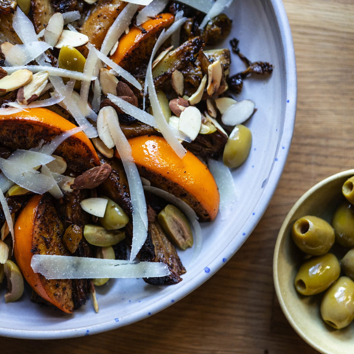 Caramelized fennel salad with pecorino, green olives, and almonds