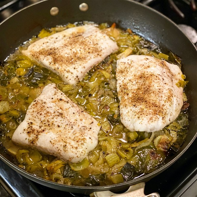 Image of Ayala Spice Slow Roasted Fluke with Schmaltz, Leeks, and Celery