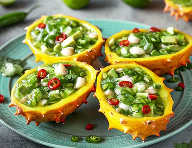 Image of Kiwano, Shrimp & Avocado Kiwano Bowls