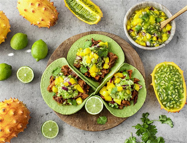 Image of Pulled Jackfruit and Kiwano Salsa Green Tacos (Vegan, GF recipe)
