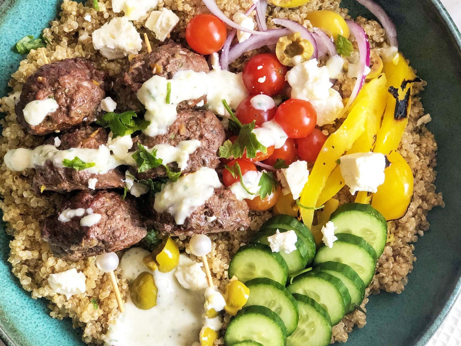 Mediterranean Glow Bowl with Morrocan Spiced Meatballs