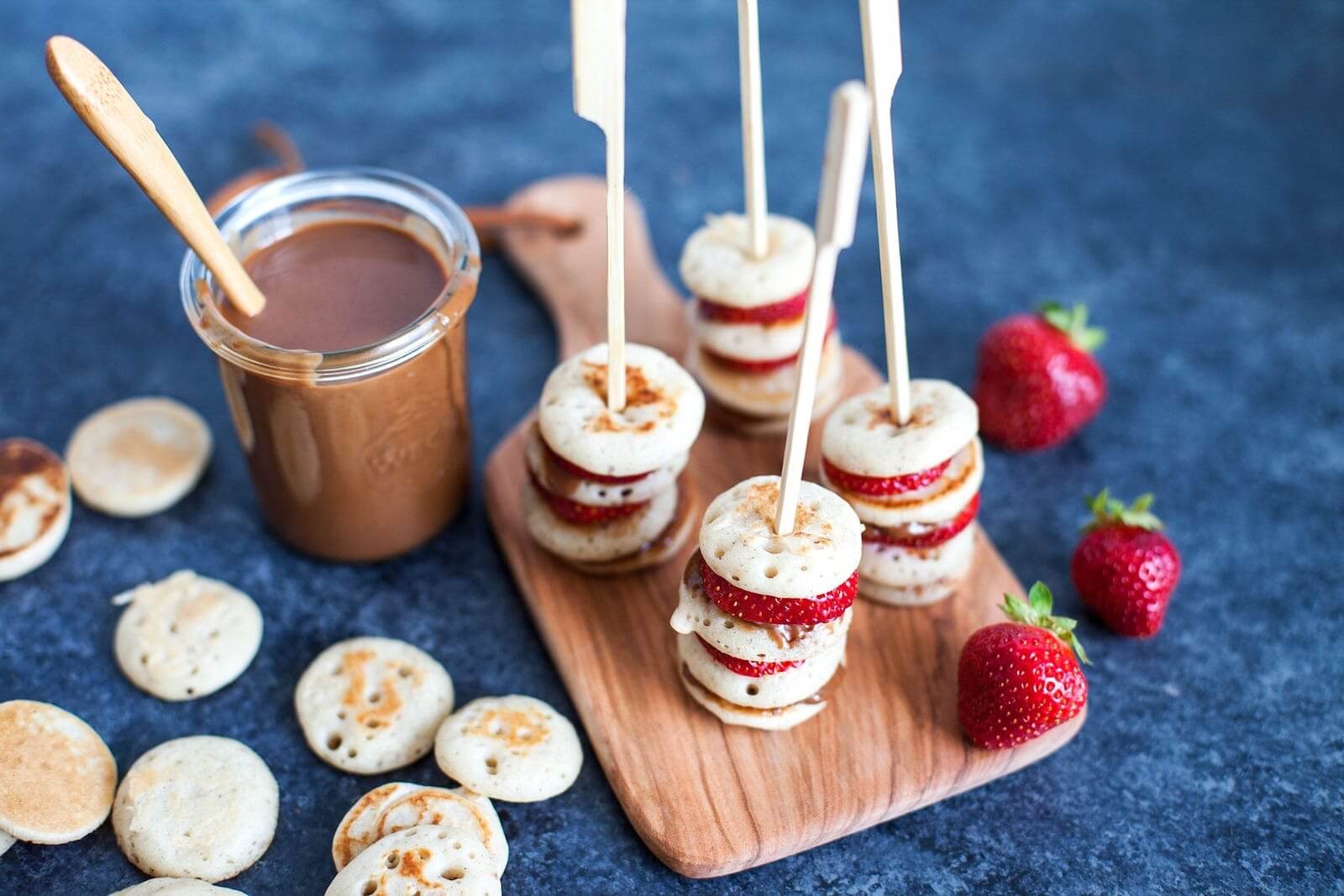 Image of Mini Pancake Skewers with Hazelnut Butter and Fresh Fruits