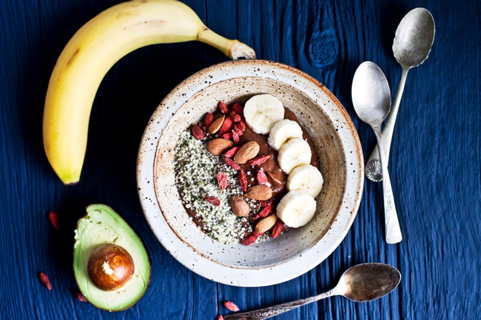 Image of Wholesome Breakfast: Avocado, Banana, Raw Cacao, Fresh Fruit and Hemp